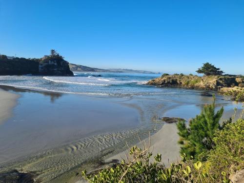 a view of a beach with waves in the water at Sleeps 3 to 4 - - 200m from beach in Dunedin