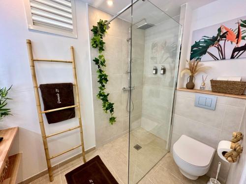 a bathroom with a glass shower stall and a toilet at Grenade 21 vue mer proche plage dans Complexe type Village Vacances in Sainte-Luce