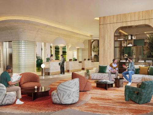 a rendering of a lobby with people sitting on couches at Pullman Resort Al Marjan Island in Ras al Khaimah