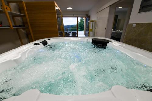 La salle de bains est pourvue d'une baignoire remplie d'eau. dans l'établissement Villa Jelena, à Donji Velemerić