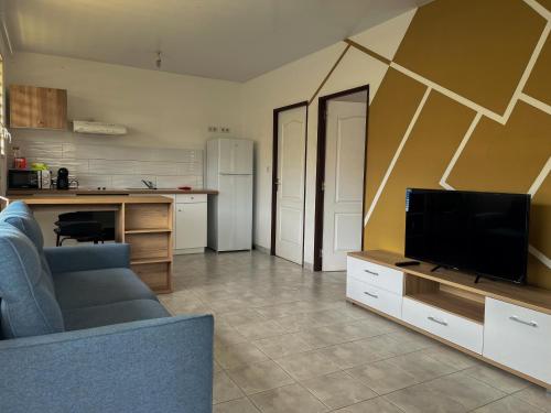 Una sala de estar con un sofá azul y un televisor. en Cocon Montabo - logement tout équipé avec climatisation et Wi-Fi - à seulement 5 min de la plage, en Cayenne