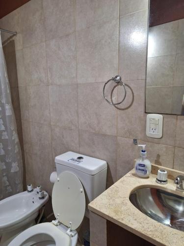 a bathroom with a white toilet and a sink at Cabañas Gemas del Lago in Potrero de los Funes