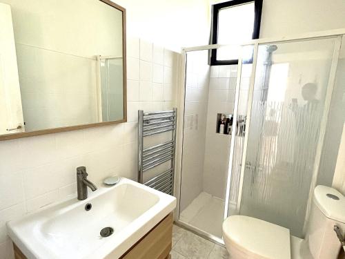 ein weißes Badezimmer mit Waschbecken und Dusche in der Unterkunft Charmante maison entre Port Tudy et le Bourg à Groix - FR-1-813-34 in Groix