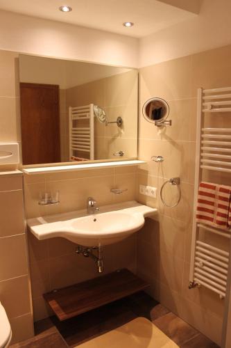 a bathroom with a sink and a mirror at Haus Roman Falch in Sankt Anton am Arlberg