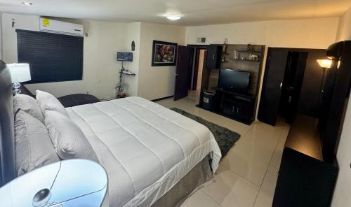 a bedroom with a large white bed and a television at Casa Futuro in San Lorenzo