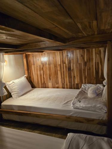 NongkhiawにあるSokmixay Backpackers hostelの木製の壁のドミトリールーム(ベッド1台)