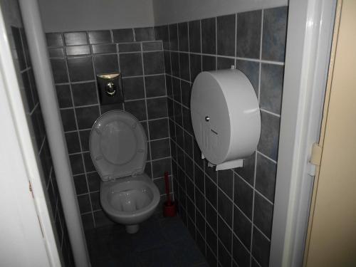 a bathroom with a toilet in a tiled wall at Turistická ubytovna Zámeček in Hojsova Stráž