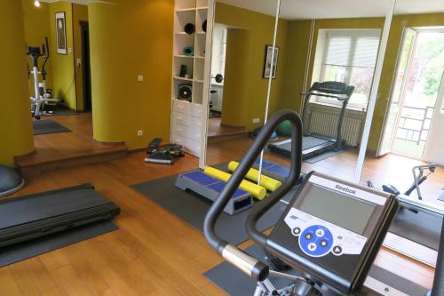 a gym with a treadmill and a mirror at Hotel de la Gaichel in Eischen
