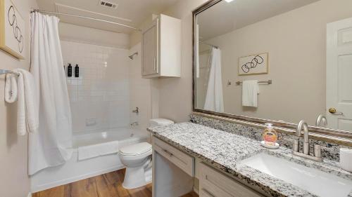 a bathroom with a sink and a toilet and a mirror at Landing Beautiful 1BD Gym in Lewisville