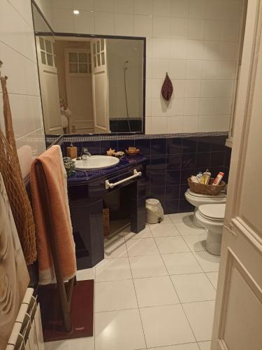 une salle de bain avec un lavabo, des toilettes et un miroir dans l'établissement Marqués de comillas 8 6 piso, à Laredo