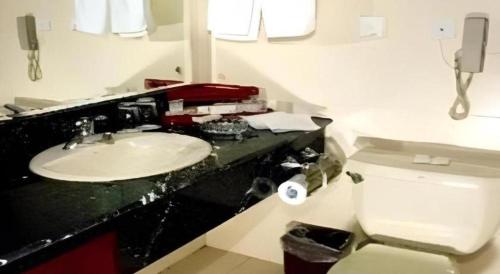 a bathroom with a white sink and a toilet at Heilongjiang Kunlun Hotel in Harbin