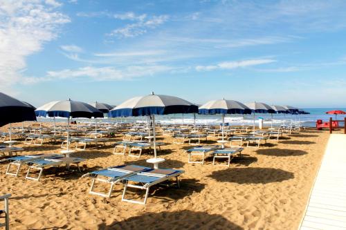 a bunch of chairs and umbrellas on a beach at Hotel Ariston in Marina di Grosseto