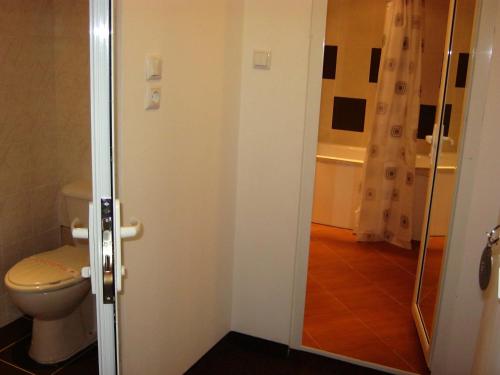 a bathroom with a toilet and a glass door at Motel Koziyat Rog in Malko Tŭrnovo