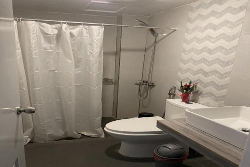 een badkamer met toilet, douche en wastafel bij NGBMPC Hostel in Puerto Galera