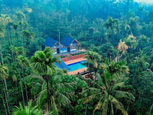 an aerial view of a house in the jungle with palm trees at Prakrithi Luxe Retreat in Padinjarathara