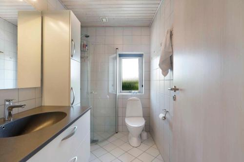 a bathroom with a sink and a toilet and a window at Dejlig Feriebolig Nær Strand, Skov Og Åbne Marker in Karrebæksminde