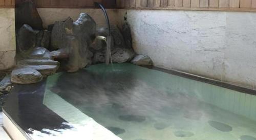 a pool of water next to a fountain at Kinugawa Niouson Plaza Hotel in Nikko