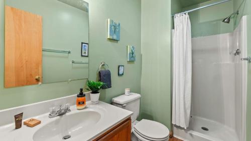 a bathroom with a sink and a toilet and a shower at Lake Pool Access Game Room Firepit Deck Tawny and Peaceful by AvantStay in Arrowhead Lake