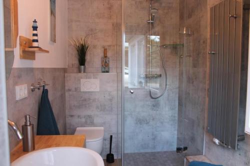 a bathroom with a shower with a toilet and a sink at Boddenkahn in Born