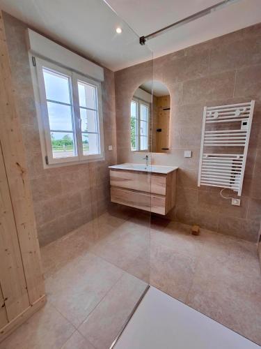 a bathroom with a shower and a sink and a mirror at Gite des Polders in Saint-Quentin-en-Tourmont