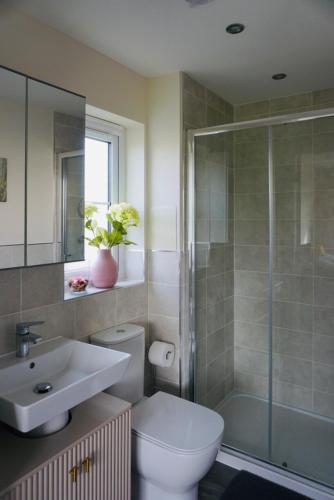 a bathroom with a toilet and a sink and a shower at En-suite Double Bedroom with Pentland Hill View in Edinburgh
