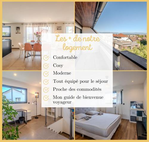 eine Collage mit Bildern eines Zimmers mit einem Bett in der Unterkunft Chez Inès I Villa aux portes de Genève in Feigères