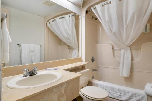 a bathroom with a sink and a toilet and a mirror at Rodeway Inn in Saint John