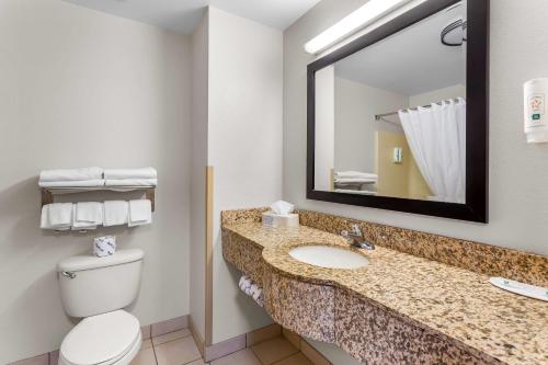 a bathroom with a toilet and a sink with a mirror at Quality Inn Near Interstate I94 in New Buffalo