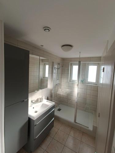 a white bathroom with a sink and a shower at Gérardmer Centre, Calme, 95m Spacieux in Gérardmer