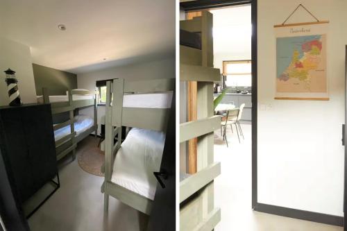 a bedroom with bunk beds and a room with a table at Fokkemaat in Callantsoog