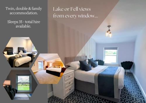 a collage of a bedroom with two beds and a room with at Buttermere Court Hotel in Buttermere