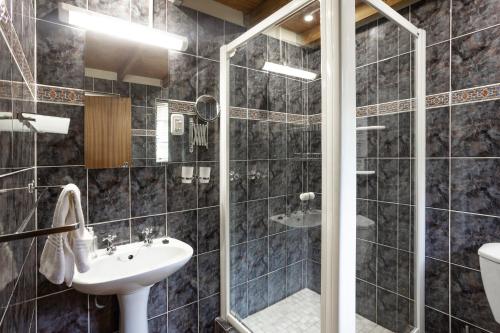 a bathroom with a shower and a sink at Stonebreaker Country Lodge in Oudtshoorn