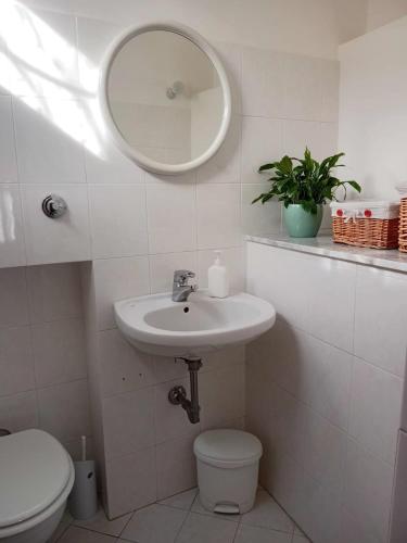 a bathroom with a sink and a toilet and a mirror at Le Scalette Casa Vacanze in Acquapendente
