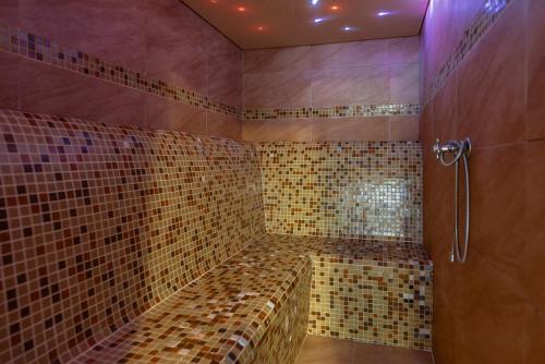 シュクラルスカ・ポレンバにあるVilla Wernera Hotel & Spaのバスルーム(茶色のタイル張りの大きなシャワー付)
