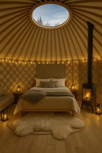 a bedroom with a bed in a yurt at Arctic Shaman Adventures -Jurtta in Köngäs