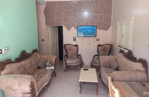 a living room with couches and a flat screen tv at Lotus 蓮 in Abu Simbel