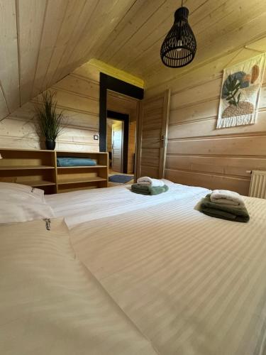 two large beds in a room with wooden walls at Miętusowa Chata pod Babią in Zawoja