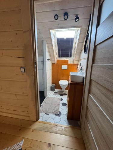a small bathroom with a toilet and a sink at Miętusowa Chata pod Babią in Zawoja