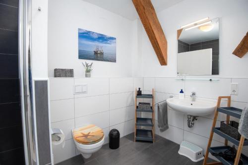 a bathroom with a sink and a toilet at Grashaus Groothusen in Krummhörn