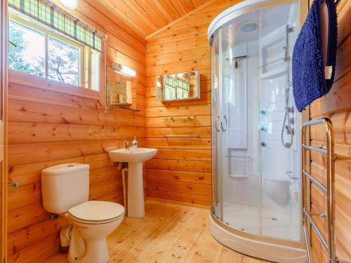 a wooden bathroom with a toilet and a shower at 2 Bed in Blandford Forum 61027 in Child Okeford