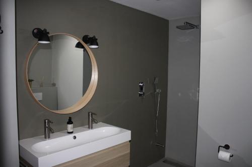 a bathroom with a sink and a mirror at Verblijf Glunder in Lemele
