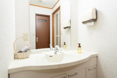 a bathroom with a sink and a mirror at ホテル白馬五竜ベース in Hakuba