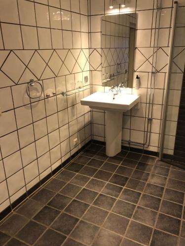 a bathroom with a sink and a mirror at Flädie Mat & Vingård in Flädie