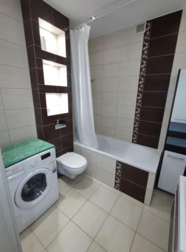 a bathroom with a toilet and a washing machine at Motylowa Przystań in Łódź