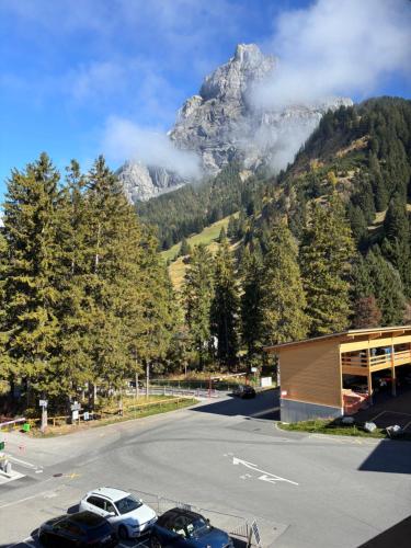 a view of a mountain with cars parked in a parking lot at Typically Swiss Hotel Ermitage in Kandersteg