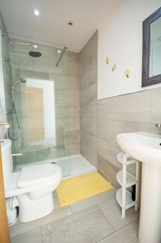 a bathroom with a toilet and a sink and a shower at Lydgate, Benllech - Sleeping 6 in Benllech
