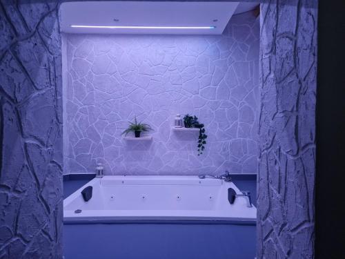 La salle de bains est pourvue d'une baignoire avec une plante. dans l'établissement Appartamento con vasca idromassaggio Due cuori, à Tarente