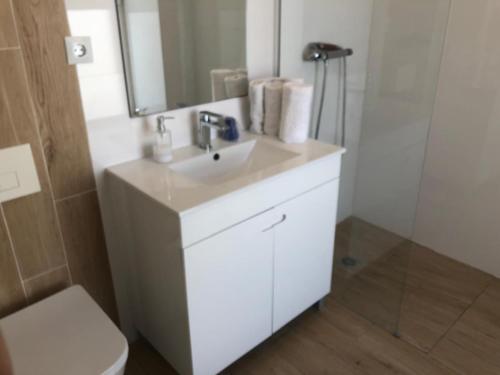 a bathroom with a sink and a toilet and a mirror at Casa Maripaula Caminheiros in Belinho