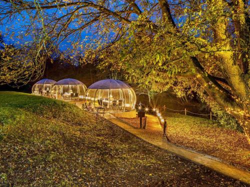Una hilera de cúpulas de cristal en un parque por la noche. en Mercure Gloucester Bowden Hall Hotel, en Gloucester