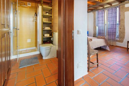 a bathroom with a toilet and a shower in it at Serreta Island Home in Serreta